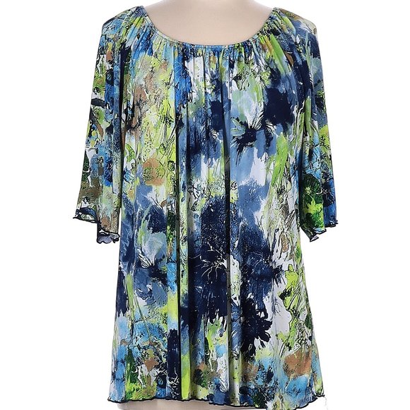 N Touch Multi-Color Abstract Floral Short Sleeve On/Off Shoulder Top Size L - Picture 1 of 4
